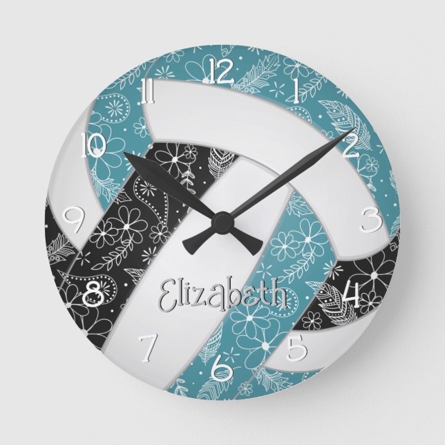 paislies boho floral pattern teal black volleyball round clock (Front)