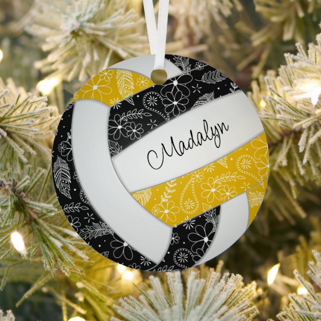 paislies feathers floral black gold volleyball metal ornament (Insitu)