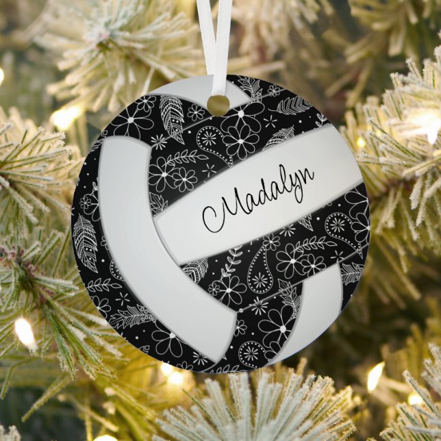 paislies feathers floral black white volleyball metal ornament (Insitu)