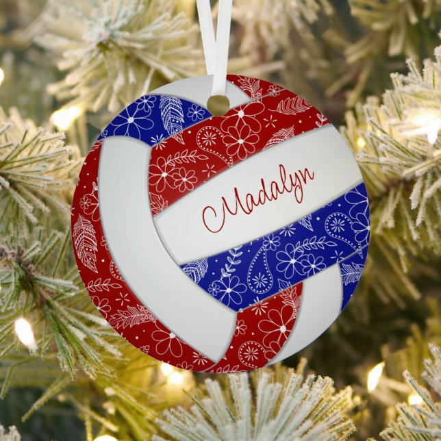 paislies feathers floral blue red volleyball metal ornament (Insitu)