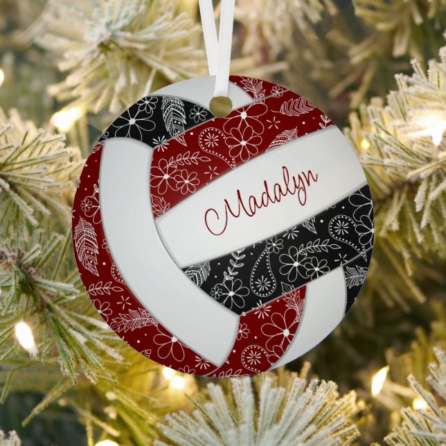paislies feathers floral maroon black volleyball metal ornament (Insitu)
