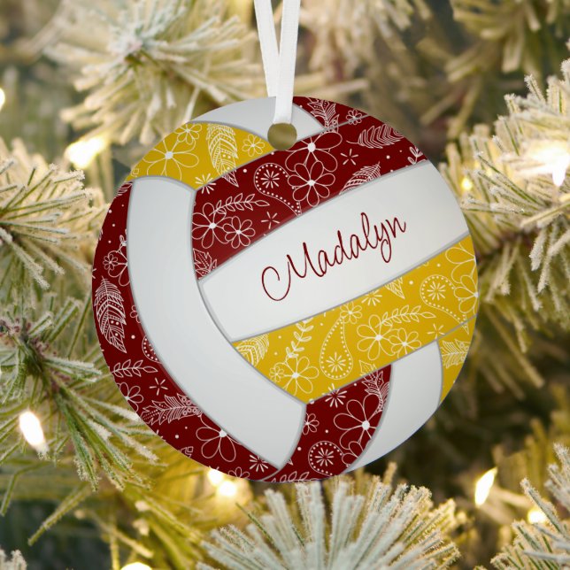 paislies feathers floral maroon gold volleyball metal ornament (Insitu)