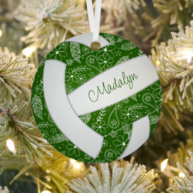 paislies feathers floral pattern green volleyball metal ornament (Insitu)