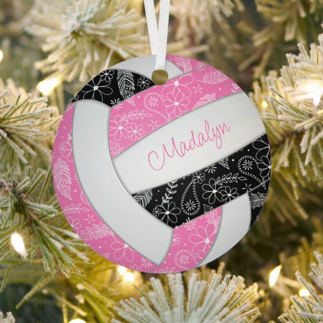 paislies feathers floral pink black volleyball metal ornament (Insitu)