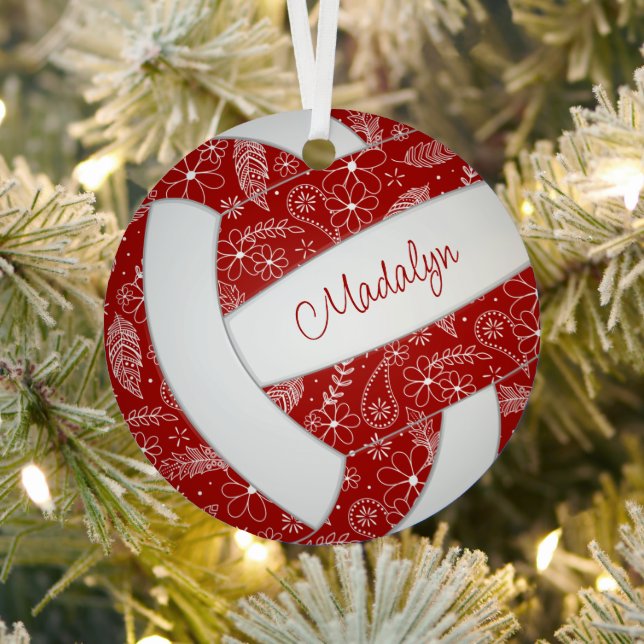 paislies feathers floral red green volleyball metal ornament (Insitu)