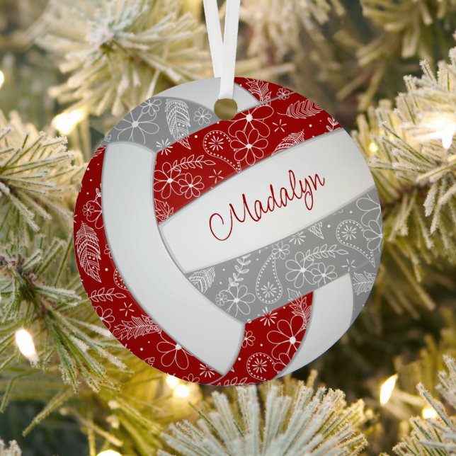 paislies feathers floral red grey volleyball metal ornament (Insitu)
