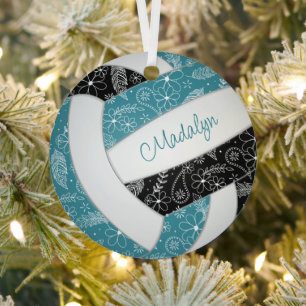 paislies feathers floral teal black volleyball metal ornament