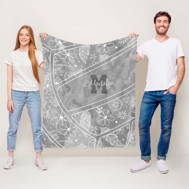 paislies feathers flowers pattern grey volleyball  fleece blanket (In Situ)