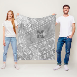 paislies feathers flowers pattern grey volleyball fleece blanket