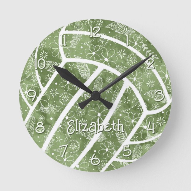 paislies feathers flowers sage green volleyball round clock (Front)