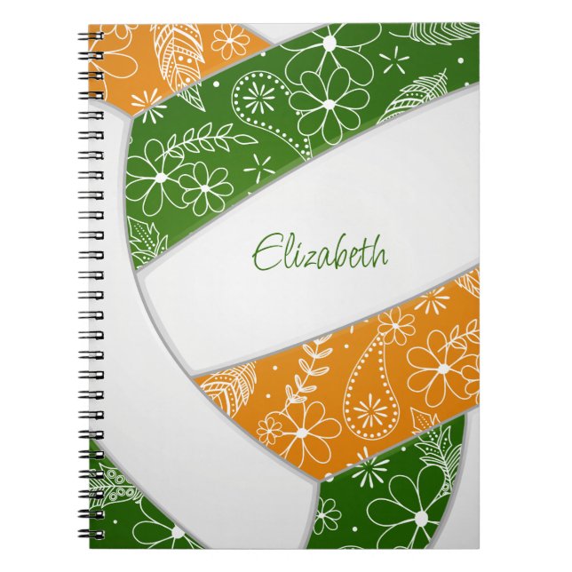 paislies feathers green orange boho volleyball notebook (Front)