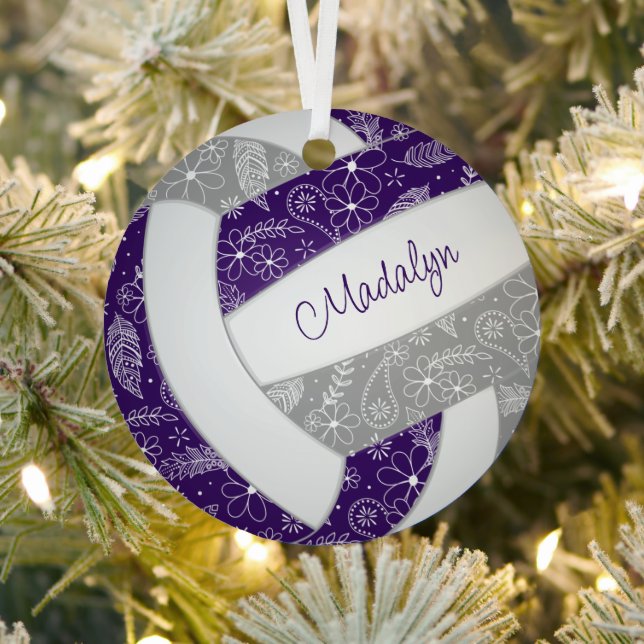 paislies feathers purple grey boho volleyball metal ornament (Insitu)