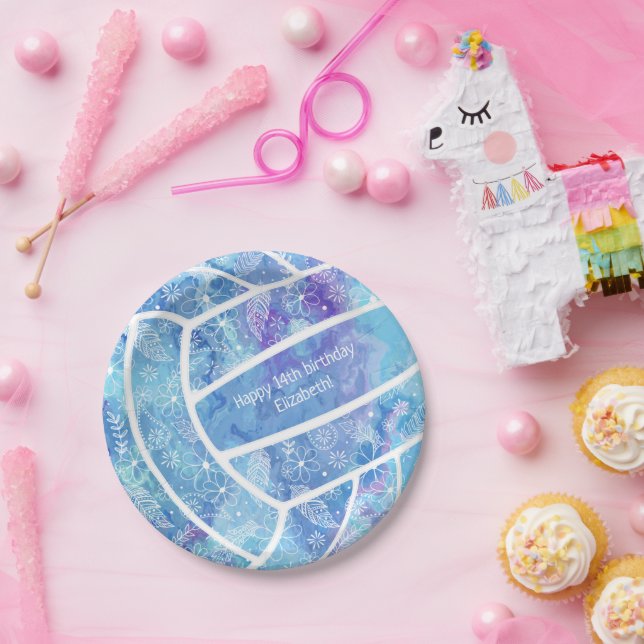 Paislies flowers feathers pattern blue volleyball paper plate (Party)