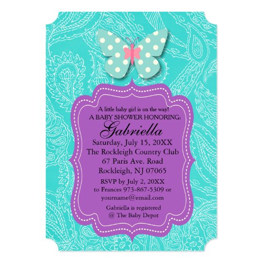 Paisly Blue with Butterfly Baby Shower Invitation