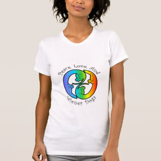 Paix, amour, et T-shirt des dames de chiens de
