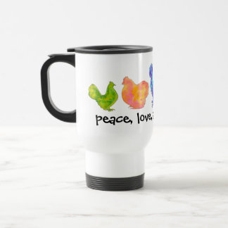 paix, amour et tasse d'aquarelle de poulets