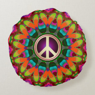Paix et Amour (v1) Coussin Rond Homely Hippie