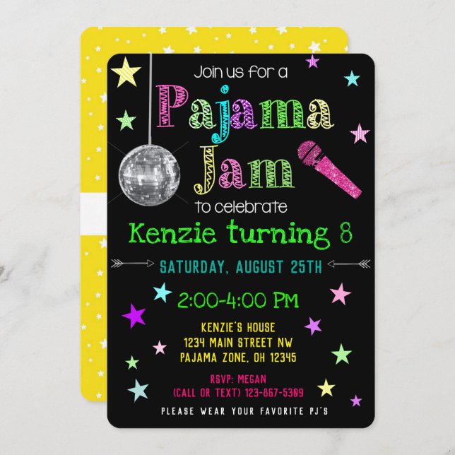 Pajama Jam Party Invite - PJ Dance Party Invite (Front/Back)