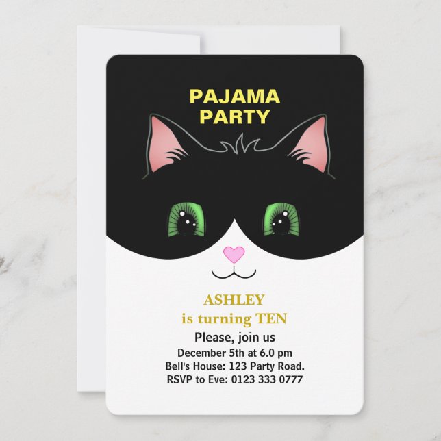 Pajama Party & Cute Tuxedo Cat Invitation (Front)