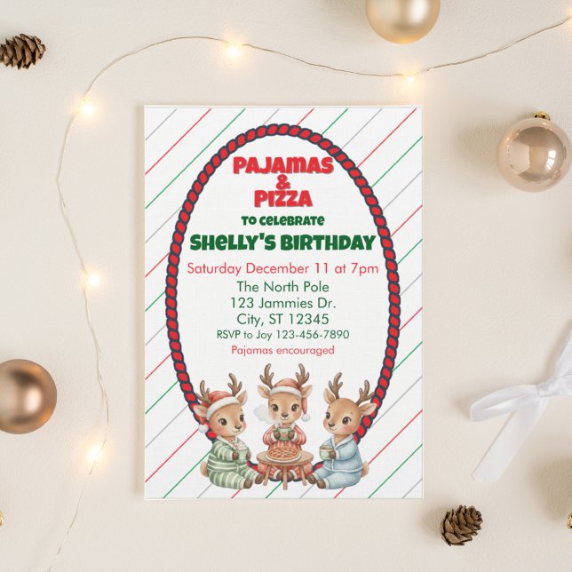Pajamas & Pizza, Holiday Reindeer Birthday Invitation (Creator Uploaded)