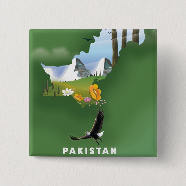 Pakistan illustrated travel map. 2 inch square button (Front)