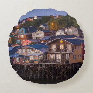 Palafito stilt houses, elevated view round pillow