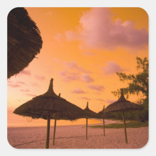 Palapa style beach huts at sunrise, Belle Mare 2 Square Sticker