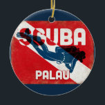 Palau Scuba Diver - Blue Retro Ceramic Ornament<br><div class="desc">Palau scuba diving design. A vintage style retro red scuba flag background with navy blue scuba diver.</div>