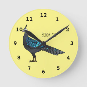 Palawan peacock pheasant bird cartoon illustration round clock