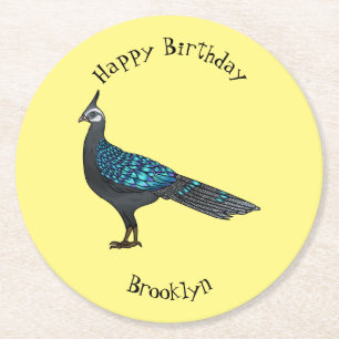 Palawan peacock pheasant bird cartoon illustration round paper coaster