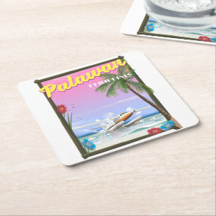 Palawan Philippines flight poster Square Paper Coaster