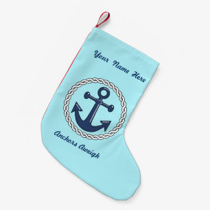 Pale Aqua Anchors Aweigh Personalized Small Christmas Stocking