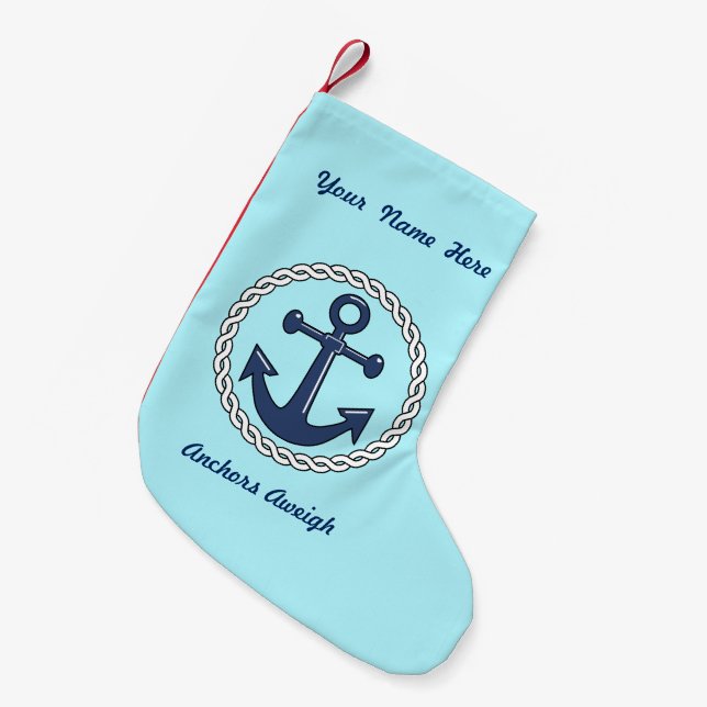 Pale Aqua Anchors Aweigh Personalized Small Christmas Stocking (Front (Hanging))