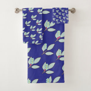 Pale Aqua Leaf With Blossoms Deep Blue Gift Bath Towel Set