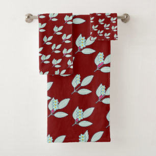 Pale Aqua Leaf With Blossoms Dk Red Gift  Bath Towel Set