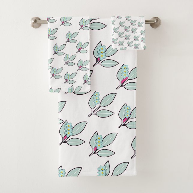Pale Aqua Leaf With Blossoms Gift  Bath Towel Set (Insitu)
