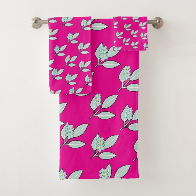 Pale Aqua Leaf With Blossoms Hot Pink Gift  Bath Towel Set (Insitu)