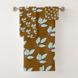 Pale Aqua Leaf With Blossoms Rich Brown Gift  Bath Towel Set