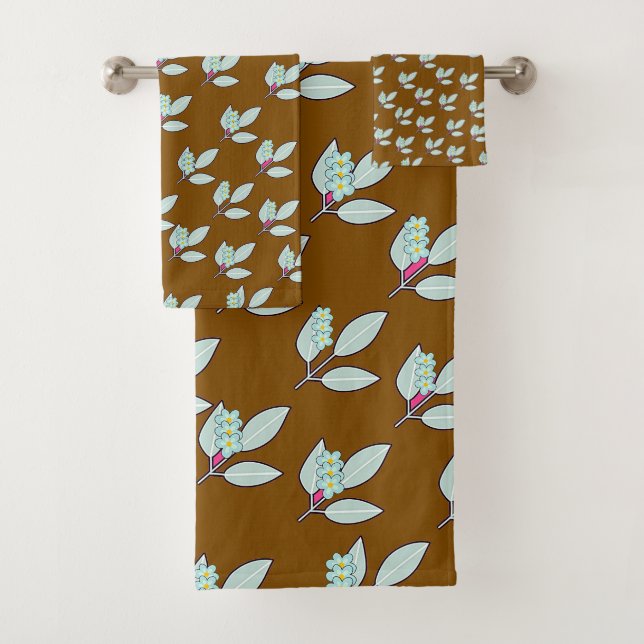 Pale Aqua Leaf With Blossoms Rich Brown Gift  Bath Towel Set (Insitu)