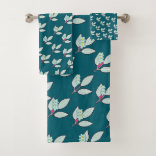 Pale Aqua Leaf With Blossoms Teal Gift Bath Towel Set