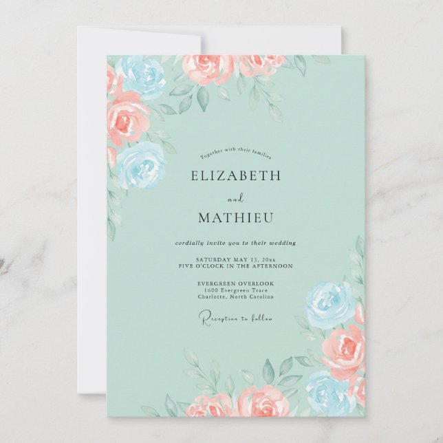 Pale Aqua Romantic Floral Wedding Invitation (Front)
