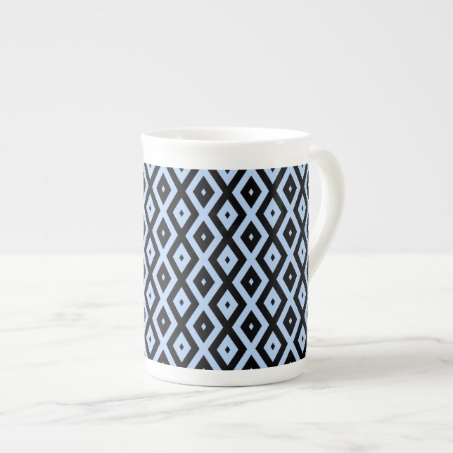 Pale blue and black diamond pattern bone china mug (Front Right)