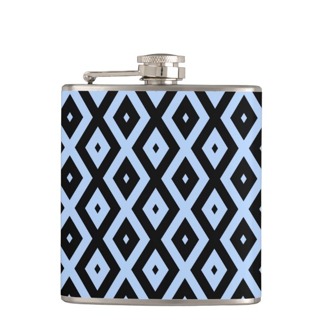 Pale blue and black diamond pattern hip flask (Front)