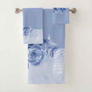 Pale Blue and Blue Roses Bath Towel Set