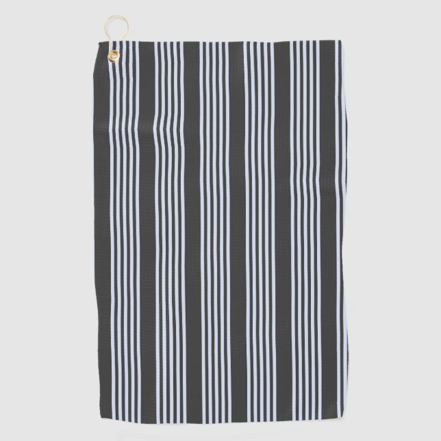 Pale blue and charcoal five stripes pattern golf towel (Front)