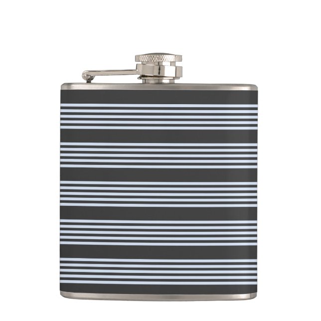 Pale blue and charcoal five stripes pattern hip flask (Front)