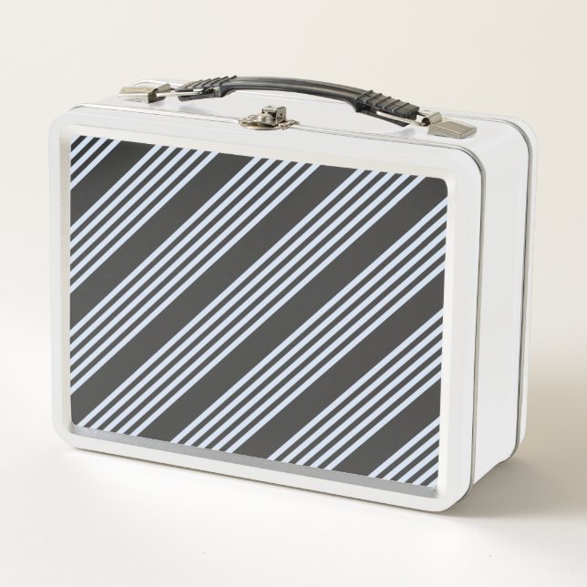 Pale blue and charcoal five stripes pattern metal lunch box (Front)