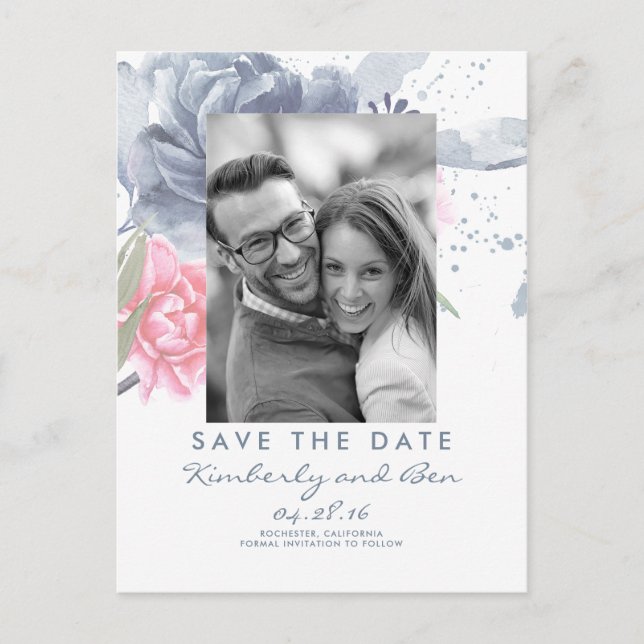 Pale Blue and Dusty Pink Floral Save the Date Announcement Postcard (Front)