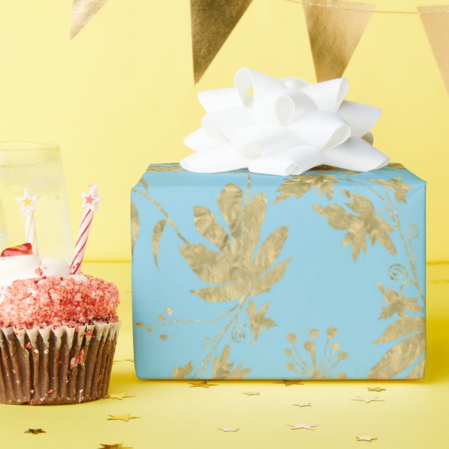 Pale Blue and Gold Coloured Plants and Leaves Wrapping Paper (Birthday Party)