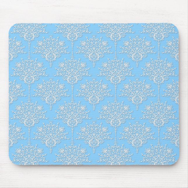 Pale Blue and White Floral Damask Pattern Mouse Pad (Front)